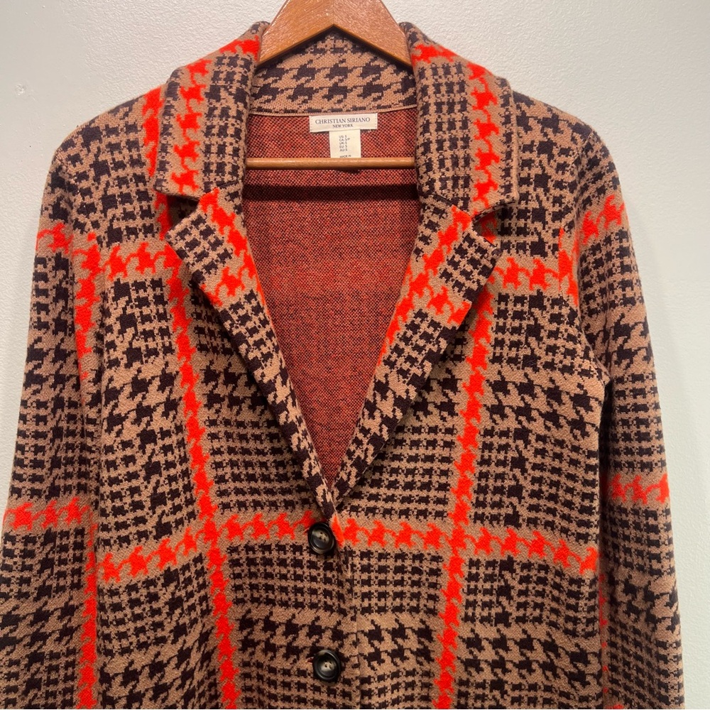 Christian Siriano Houndstooth Red Tan Black Long Knit Sweater Pockets Size Small - Picture 3 of 8